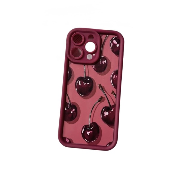 Accessories - iPhone 15 Pro Max Cherry Print Soft TPU Shockproof Girly Case Burgundy Red